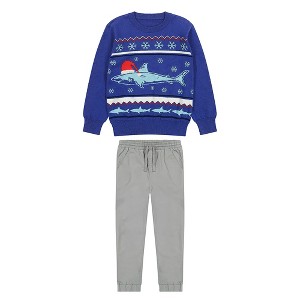 Andy & Evan  Kids  Boys Blue Shark Jacquard Holiday Sweater Set - 1 of 4