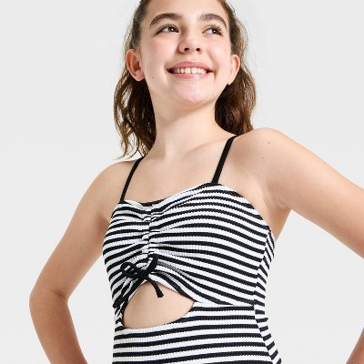 Детские купальники Art Class Girls' Crinkle Striped One Piece Swimsuit - art class™ Black L — фото 3