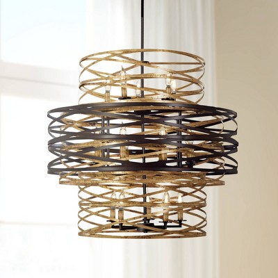 Elegant Dark Bronze and Mosaic Gold Drum Chandelier with 18 Lights