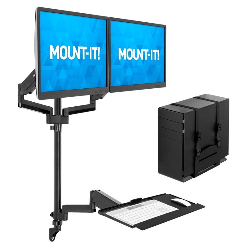 Mount-It! Wall Mount Workstation w/ Dual Monitor Mount, Keyboard Tray & CPU Holder, Height Adjustable Full Motion Arms, Fits 32 in. Computer Screens, 1 of 10