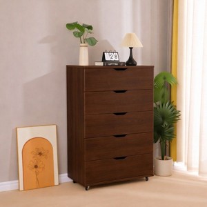 target dresser brown MAYEERTY 5 Drawer on Wheels, Dark Rolling Chest of Drawers with Wide Drawers : Horizontal dresser