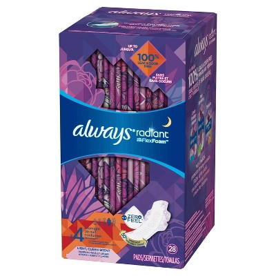 Always Radiant Overnight Sanitary Pads With Wings - Scented - Size 4 - 28ct  : Target