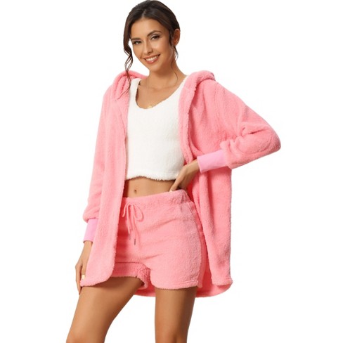 cheibear Womens Fuzzy Fleece 3 Piece Outfits Pajamas Soft Coat Jacket and  Crop Top with Shorts Lounge Set Pink X Large