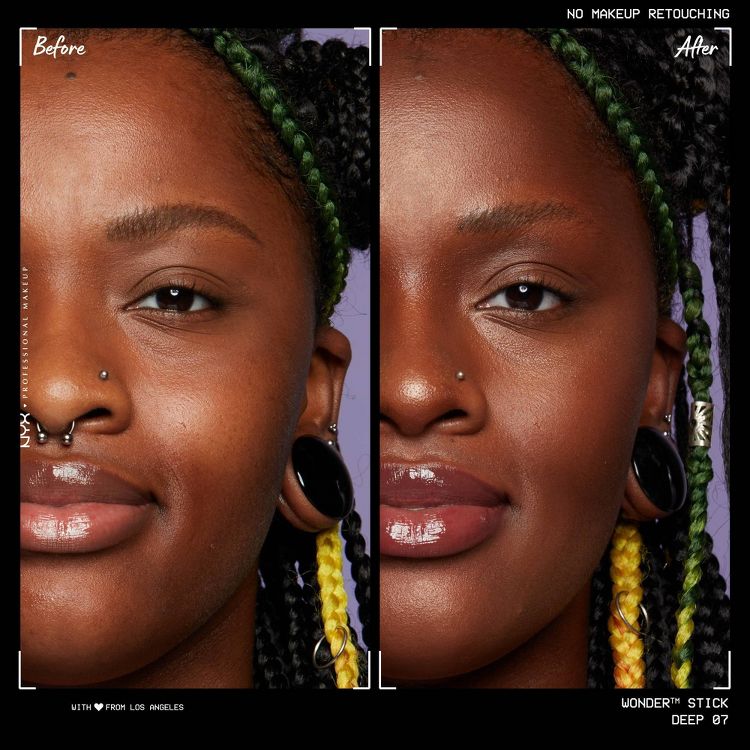 Side-by-side comparison showing a person's face before and after applying NYX Professional Makeup Wonder Stick in Deep 07, with visible text indicating "No Makeup Retouching."