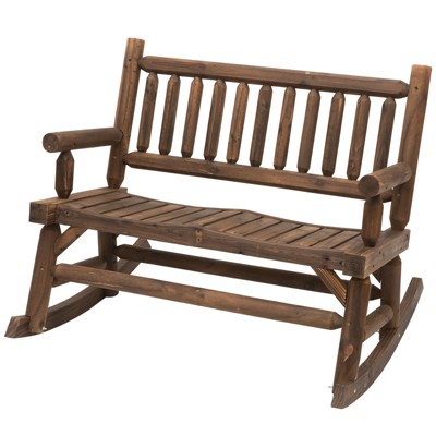 Outsunny Solid Wood Rocking Chair with 2-Seat Classic Rustic Style Armrest Swinging Chair for Patio Garden Backyard