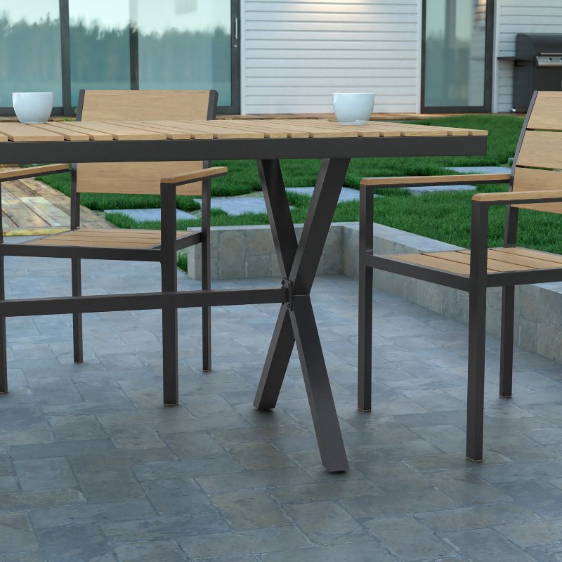 Emma and Oliver 59" x 35.5" Outdoor X-Frame Dining Table with Faux Teak Poly Slat Top and Metal Frame, 5 of 12