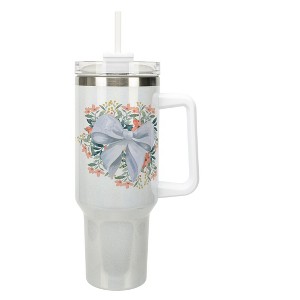 Elanze Designs 40 Ounce Stainless Steel Double Wall Insulated Glitter Travel Tumbler With Handle, Straw, and Lid, White Bow Floral White - 1 of 1