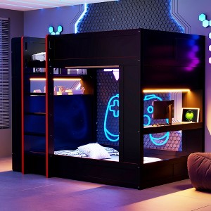 Whisen Full Wood Gaming Bunk Bed with Built-in Desk, Storage Shelves - Black - 1 of 4
