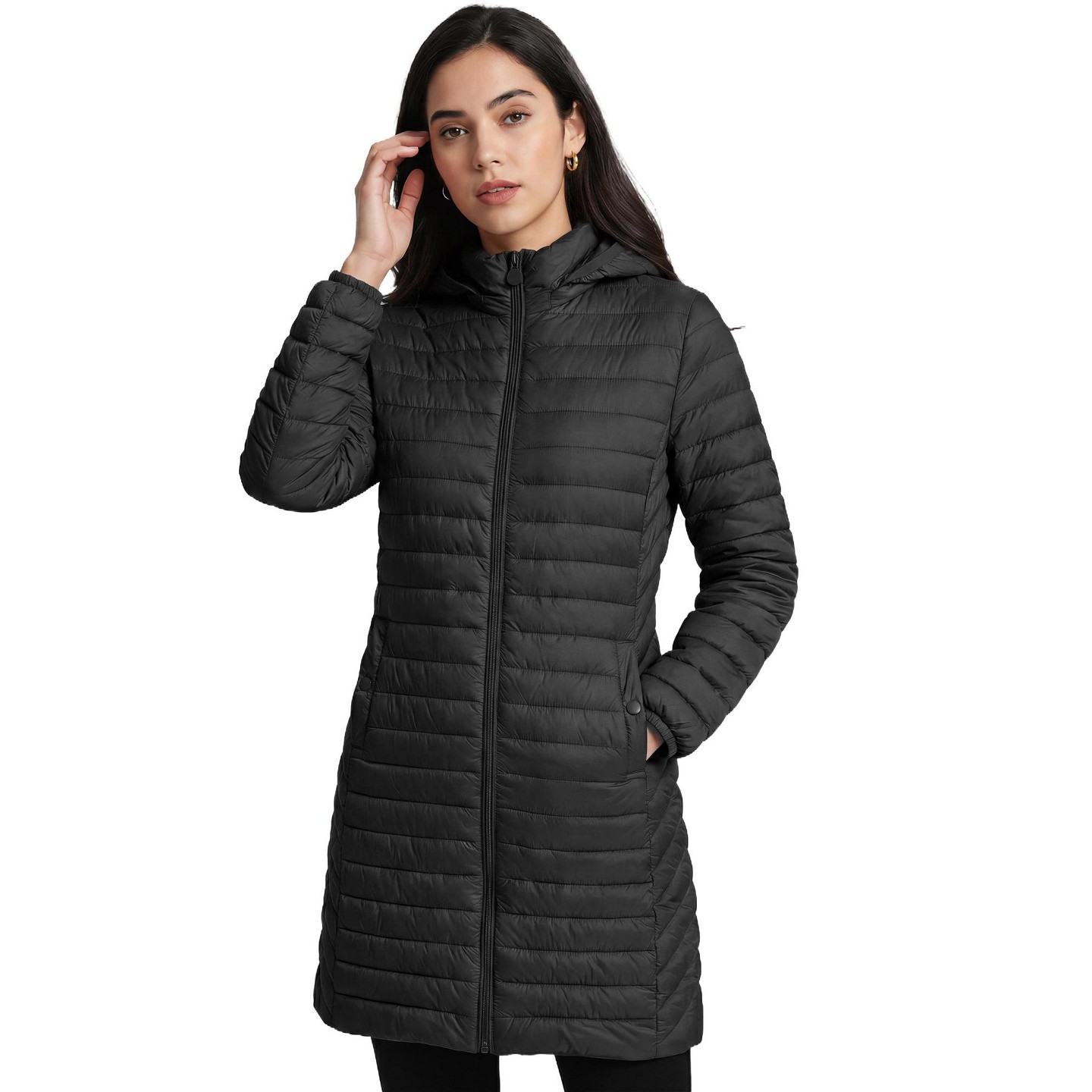 Женская куртка INSPIRE CHIC Mid-Length Standard Fit Zip-Up Stand Collar Elastic Cuffs Lightweight Detachable Hood Quilted Puffer Coat Medium Black, цвет: Чёрный — фото 1