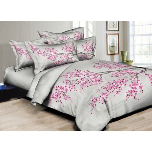 Gray/Purple Jasmine Watercolor Floral Duvet Cover Set Queen 6pc