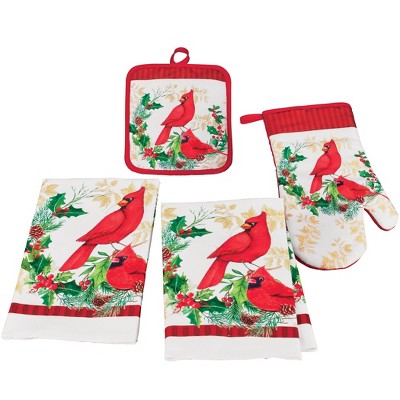 Collections Etc Printed Holiday Cardinal Kitchen Set - Set of 4