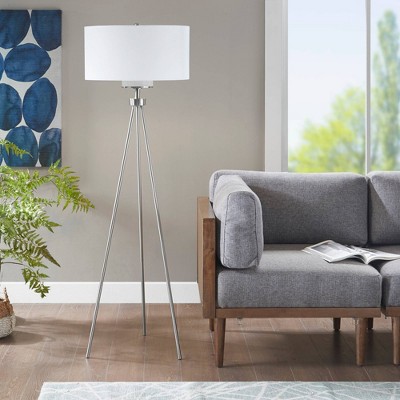 Silver Pacific Tripod Metal Floor Lamp with Grey Glass Shade