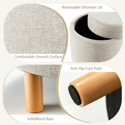 Beige Round Storage Ottoman with Tray and Wood Legs