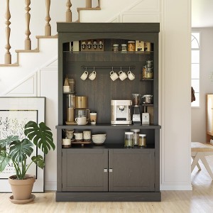 72" Farmhouse Coffee Bar Cabinet with LED Lights, Kitchen Sideboard Buffet Hutch with Storage, Microwave Stand,Black - 1 of 4