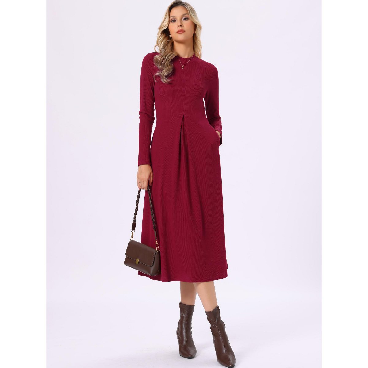 Женские платья INSPIRE CHIC Women's Casual Ribbed Knit Long Sleeve Crew Neck A-Line Long Dress Burgundy Large — фото 4