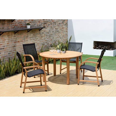 Gables 5pc Teak Finish Round Patio, Teak Round Patio Table And Chairs