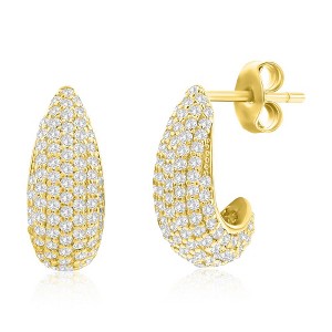 Bella Silver Sterling Silver 14mm Pave CZ Huggie Hoop Earrings - Gold Plated - Gold - 1 of 2