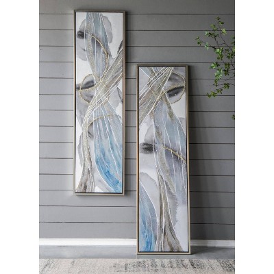 Tall Abstract Framed Oil Paintings in Purple, Gold, and Blue