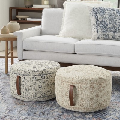 Ivory Beige Cotton Upholstered Round Pouf with Faux Leather Handle