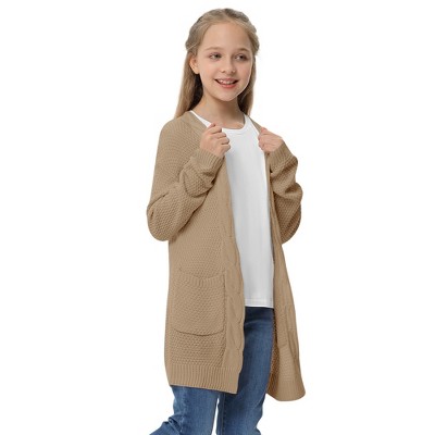 Cardigan for Girls Open Front Sweater Long Sleeve Loose Fit Sweater Jacket,Khaki - XL