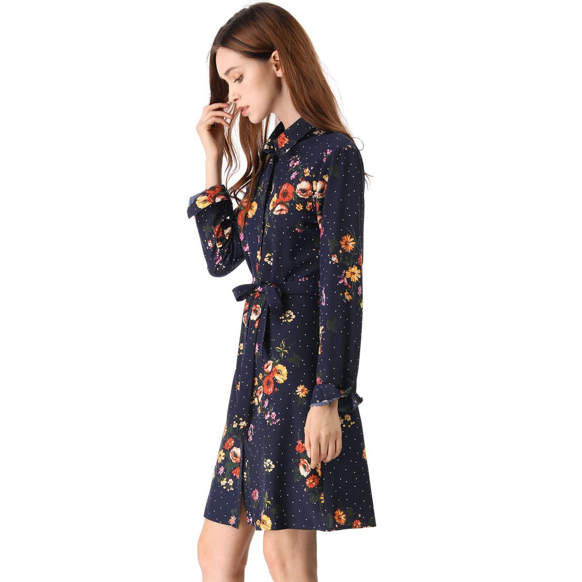 Женские платья INSPIRE CHIC Women's Lapel Button Down Belted Mini Vintage Polka Dots Floral Shirt Dress Small Dark Blue — фото 4