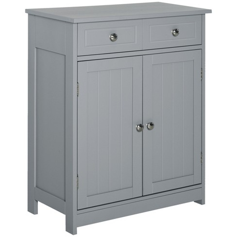 kleankin Freestanding Bathroom Storage Cabinet Organizer Tower with Door 2 Drawers Adjustable Shelf Grey