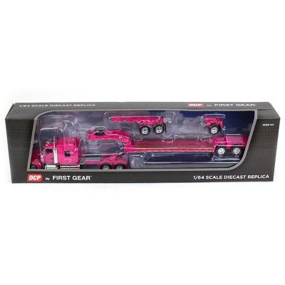 DCP by First Gear, 1/64 Pink Kenworth W900L w/ Fontaine Tri-axle Lowboy & Flip Axle, 60-1497