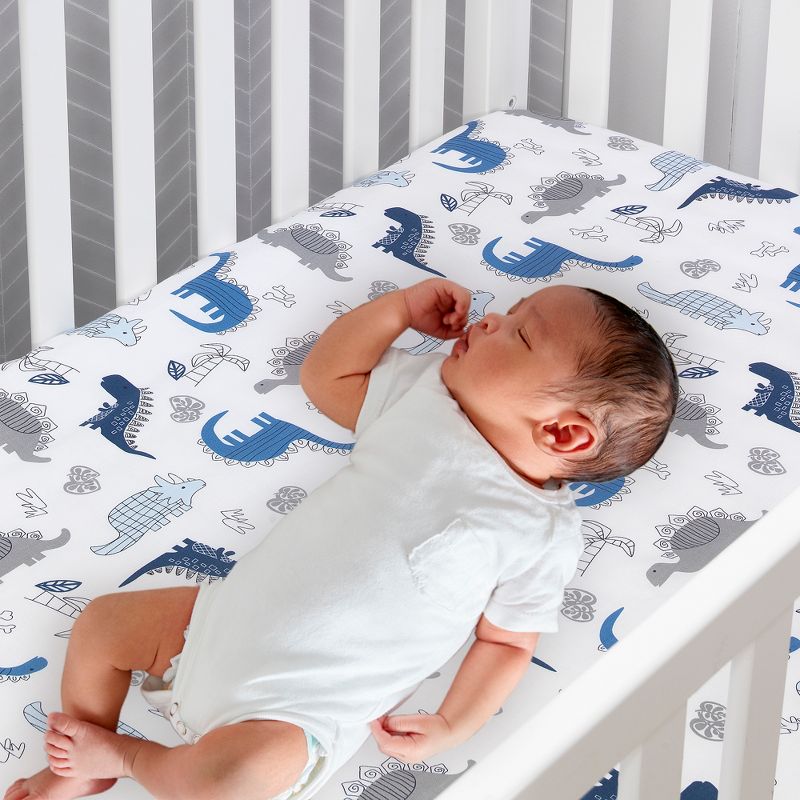 Lambs & Ivy Baby Dino 100% Cotton Blue/White/Gray Dinosaur Fitted Crib Sheet, 2 of 6