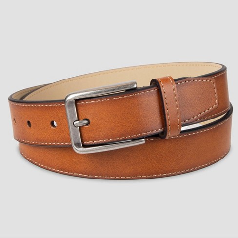 Goodfellow Mens 3-Row Embossed Genuine Leather Belt Cognac Brown 