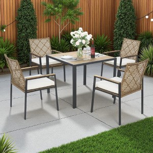 5-Piece Outdoor Patio Rattan Dining Set with Stackable Chairs, 35" Acacia Wood Table Top with Umbrella Hole - 1 of 4