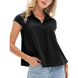 EXLURA Women's 2025 Summer Cap Sleeve Tops Loose Button Down Dress Shirt Casual V Neck Pleated Textured Work Blouse - 1 of 4