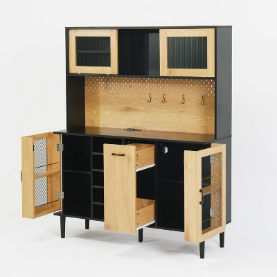 Lirago,47.2"D * 15.74"W * 59.1"H, Black & Natural Farmhouse Sideboard with Power Outlet & Wine Rack, apply to Kitchen/Living Room/Dining Room