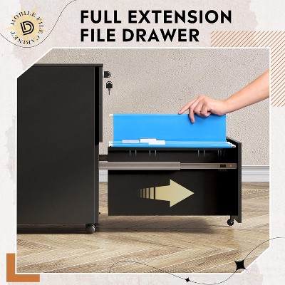 Black Metal 3-Drawer Lockable Mobile File Cabinet
