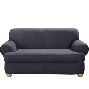 Stretch Suede T-Loveseat Slipcover Storm Blue - Sure Fit