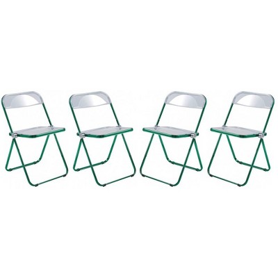 LeisureMod Lawrence Acrylic Folding Dining Chair with Open-Back Design in Green Metal Frame Set of 4