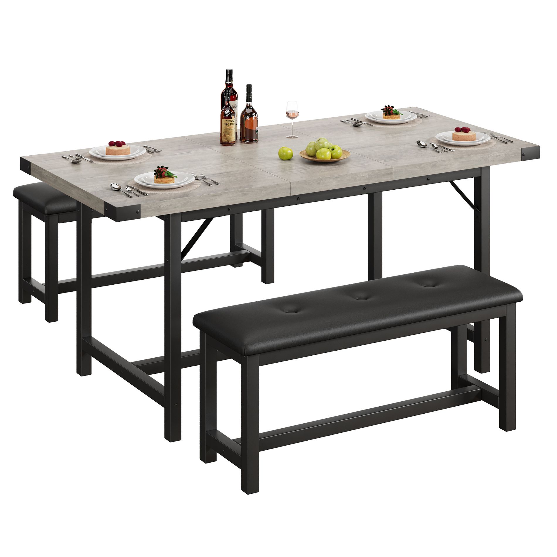 Orieon Extendable Dining Table Set for 4–6 – 63" Wood Table with 2 Upholstered Benches, Corner Protectors, Small Space Kitchen Dining, Retro Gray