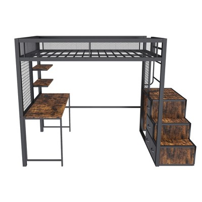 Bellemave Full Loft Bed with Desk ,Heavy Metal Frame, 4 Hidden Drawers, Staircase & Storage Rack, Design for Adults/Teens (Black)