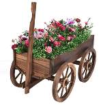 Costway Wood Wagon Flower Planter Pot Stand W/Wheels Home Garden Outdoor Decor