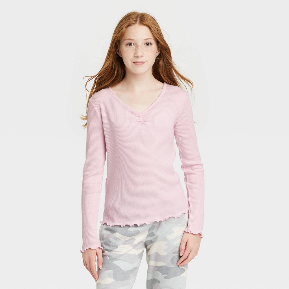 Girls' Cinch Front Lettuce Edge Long Sleeve T-Shirt - art class Light Pink L (2 pack)