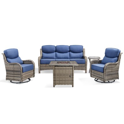 Buenhomino 5Pcs Patio Furniture Set with Fire Pit - Wicker Patio Conversation Set with Swivel Glider, Wicker Sofa, Tempered Side Table,6-inch Cushion