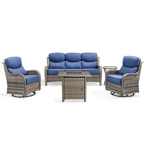 Buenhomino 5Pcs Patio Furniture Set with Fire Pit - Wicker Patio Conversation Set with Swivel Glider, Wicker Sofa, Tempered Side Table,6-inch Cushion - 1 of 4