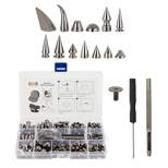 Bright Creations 150 Piece Set Gunmetal Gray Spikes and Studs for Crafts and Clothing with Tools Grid Storage Box (13 Assorted Shapes)
