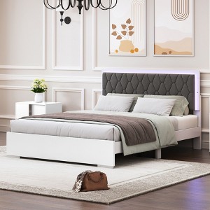 NicBex Queen Modern Upholstered Bed Frame with Velvet Headboard,Platform Bed Frame with LED Light,Solid Wood Slats Support,Easy Assembly,White/Gray - 1 of 4