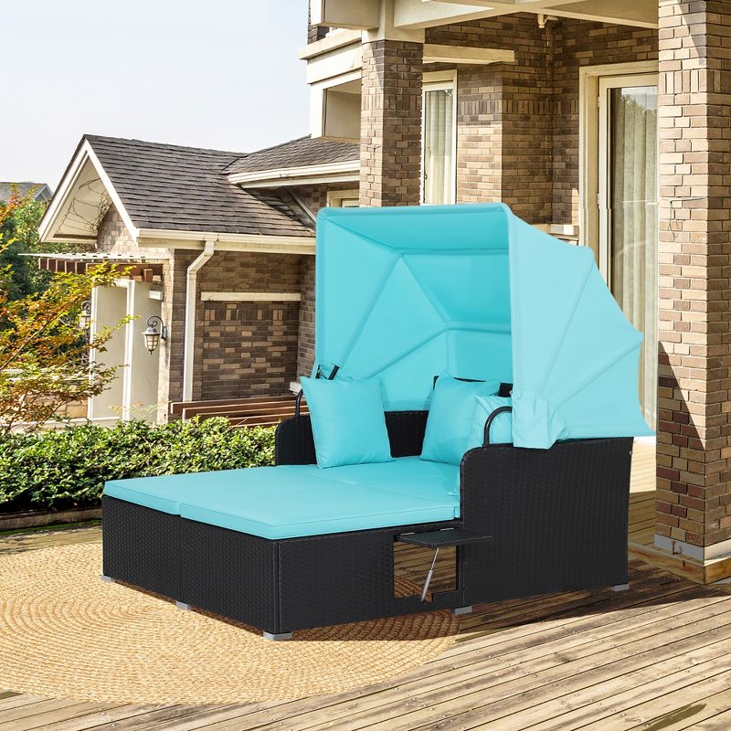 Tangkula Patio Hand-Woven PE Wicker Daybed Outdoor Loveseat Sofa Set w/ Turquoise Cushions, 2 of 11