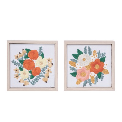 Transpac Wood 7 in. Embroidered Framed Decor Set of 2