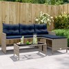 vidaXL 3-Seater L-Shaped Patio Sofa Set with Table - Gray Poly Rattan, Navy Cushions, Powder-Coated Steel Frame & Glass Top - 2 of 4
