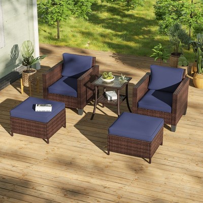Sonkuki 5 Pieces PE Rattan Furniture Set with Side Table, Patio Chair with Washable Cushion, Ottomans for Balcony, Porch and Yard