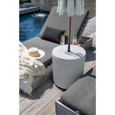 White Concrete-Composite Outdoor Side Table with Umbrella Hole
