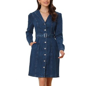 INSPIRE CHIC Women's Winter Long Sleeve Vintage Button Down Denim Shirt Dresses with Belt - 1 of 4