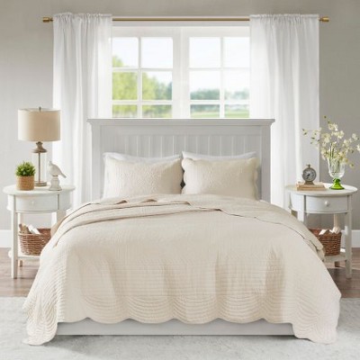 Sapphtopaz 3-Piece Reversible Scalloped Edge Quilt Set & Shams, Cottage/Country Style Queen Sheet Set (1 Quilt, 2 Pillow Shams)